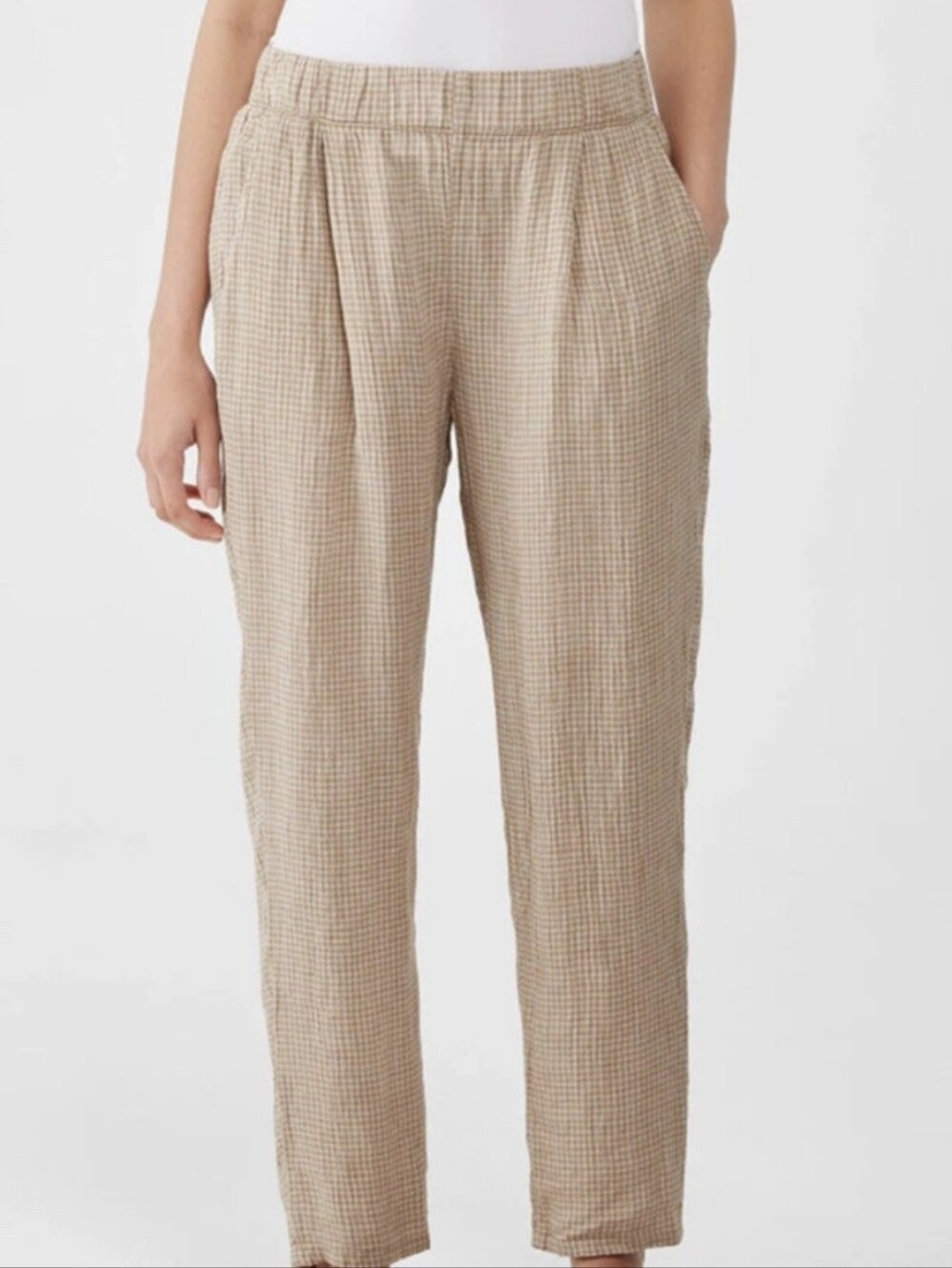 Eileen Fisher Beige Plaid Elastic Waist Relaxed Trousers